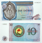 Congo Democratic Republic 10 Zaires 1977 Banknote Obverse: Coat of Arms in upper left corner. Portrait of President (Joseph Désiré) Mobutu Sese Seko N...