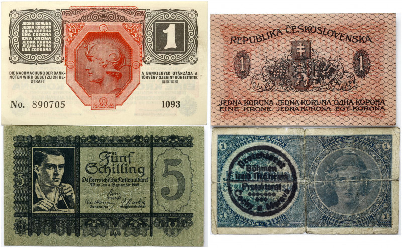 Czechoslovakia 1 Koruna & Austria 5 Schilling & Hungary 1 Korona (1919-1946) Ban...