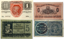 Czechoslovakia 1 Koruna & Austria 5 Schilling & Hungary 1 Korona (1919-1946) Banknote. (Czechoslovakia 1 Koruna 1919 & (1946) & Austria 5 Schilling 19...