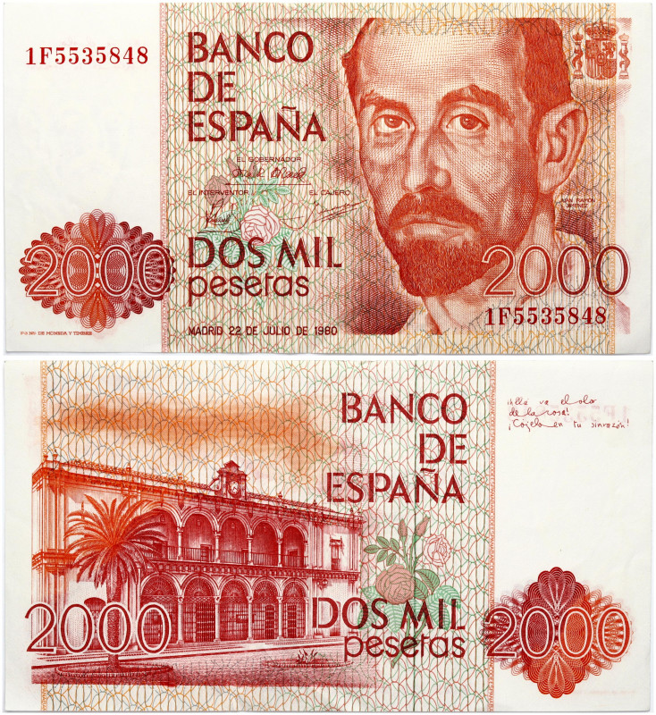 Spain 2000 Pesetas 1980 Banknote Obverse: Portrait of Juan Ramón Jiménez; writer...