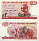 Zimbabwe 10 Dollars 1982 Banknote Obverse: Chiremba Balancing Rocks in Matopos National Park; and Giraffe. Reverse: Freedom Flame Monument; and View o...