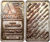 USA 1 Oz Silver (2000) A-Mark Obverse: Large A with crosshatching. Lettering: A MARK .999+ PURE SILVER 1 OUNCE TROY A0100. Reverse: Repeating cross di...