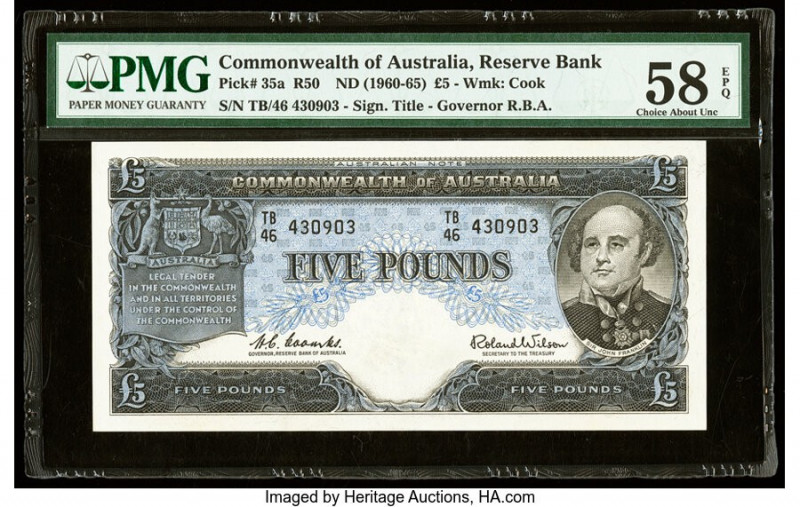 Australia Commonwealth of Australia Reserve Bank 5 Pounds ND (1960-65) Pick 35a ...
