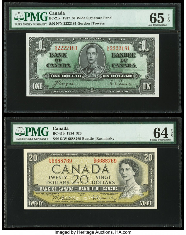 Canada Bank of Canada $1; 20 2.1.1937; 1954 BC-21c; BC-41b Two Examples PMG Gem ...
