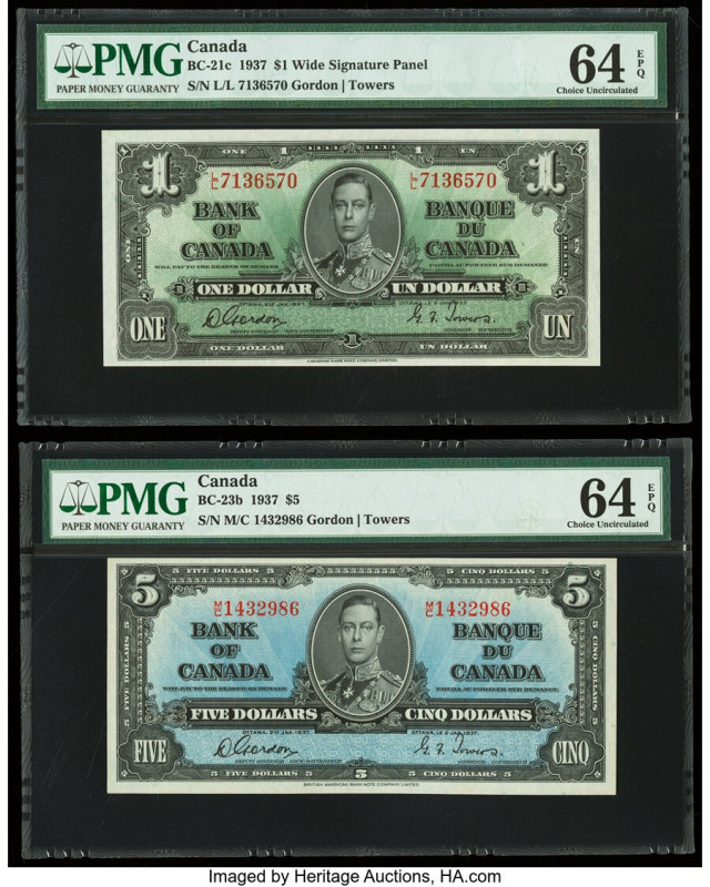 Canada Bank of Canada $1; 5 2.1.1937 BC-21c; BC-23b Two Examples PMG Choice Unci...