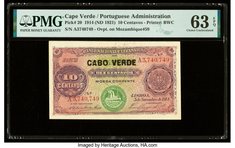 Cape Verde Banco Nacional Ultramarino 10 Centavos 5.11.1914 (ND 1921) Pick 20 PM...