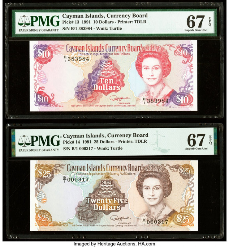 Cayman Islands Currency Board 10; 25 Dollars 1991 Pick 13; 14 Two Examples PMG S...