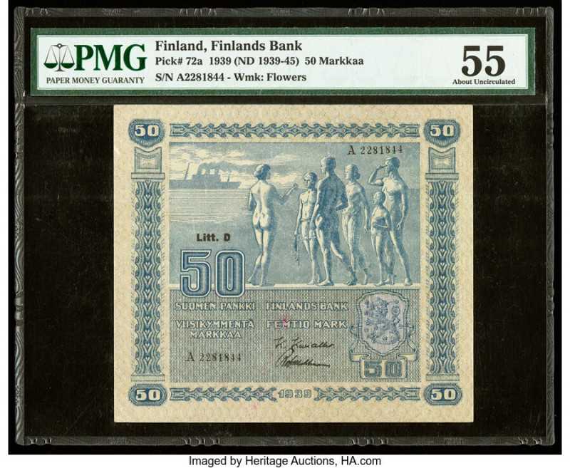 Finland Finlands Bank 50 Markkaa 1939 (ND 1939-45) Pick 72a PMG About Uncirculat...