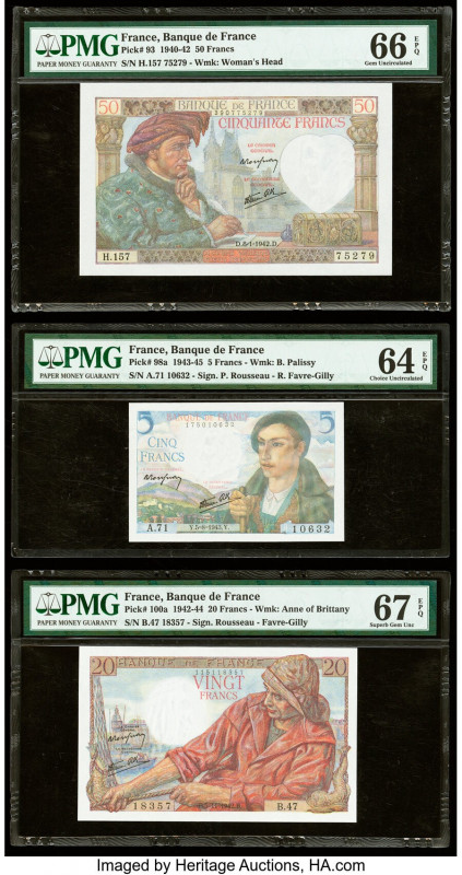 France Banque de France 50; 5; 20 Francs 8.1.1942; 5.8.1943; 5.11.1942 Pick 93; ...
