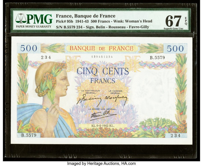 France Banque de France 500 Francs 9.4.1942 Pick 95b PMG Superb Gem Unc 67 EPQ. ...