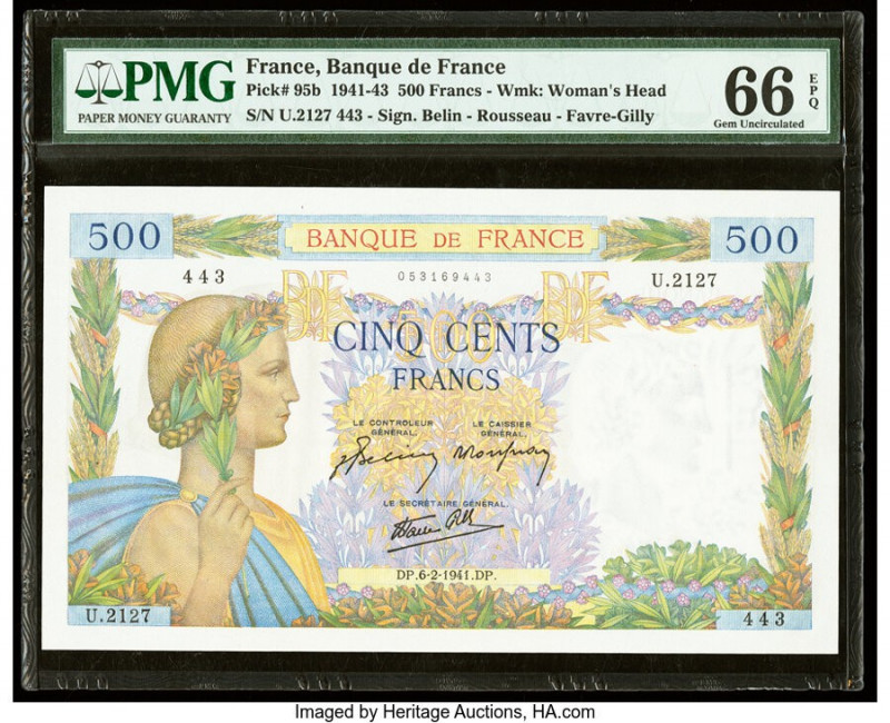 France Banque de France 500 Francs 6.2.1941 Pick 95b PMG Gem Uncirculated 66 EPQ...