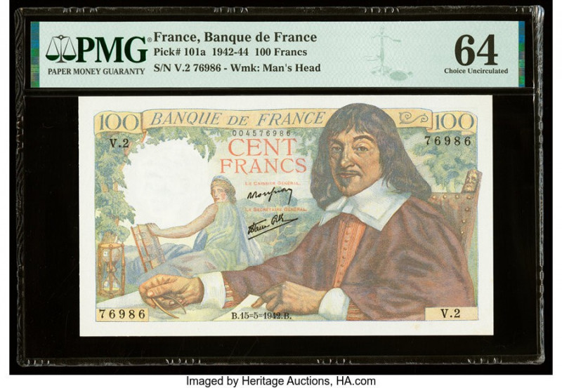 France Banque de France 100 Francs 15.5.1942 Pick 101a PMG Choice Uncirculated 6...