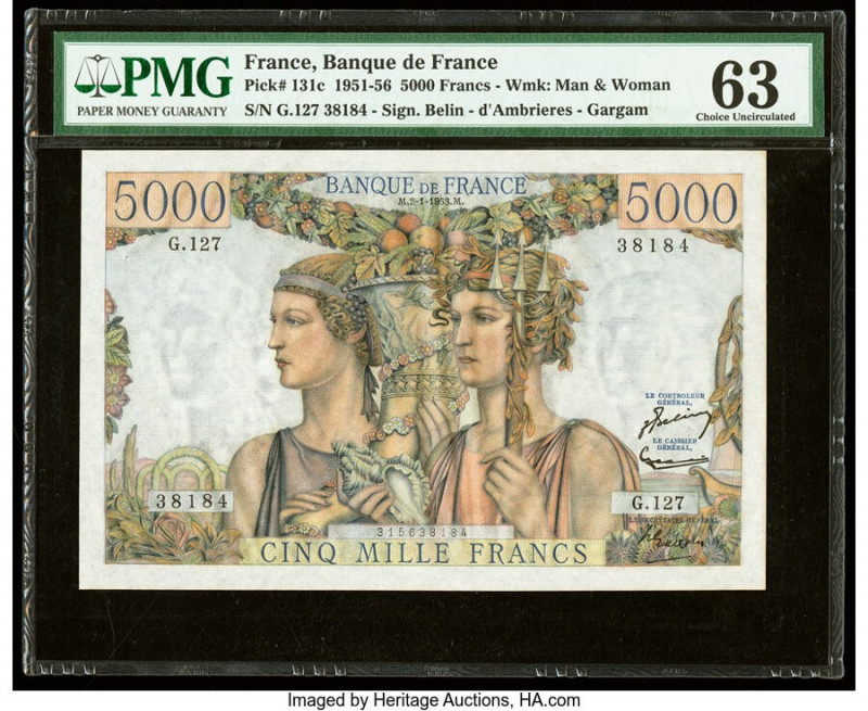 France Banque de France 5000 Francs 2.1.1953 Pick 131c PMG Choice Uncirculated 6...