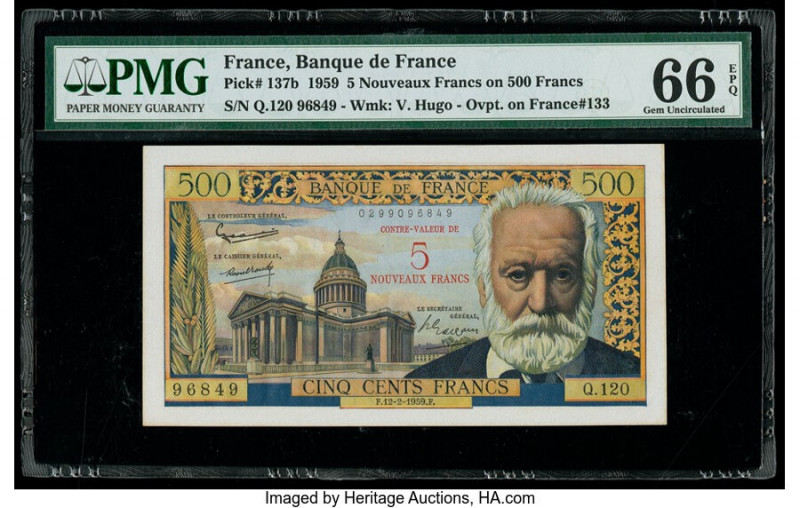 France Banque de France 5 Nouveaux Francs on 500 Francs 12.2.1959 Pick 137b PMG ...