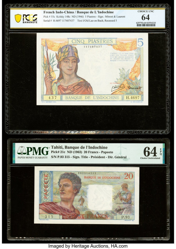 French Indochina Banque de l'Indo-Chine 5 Piastres ND (1946) Pick 55c PCGS Bankn...