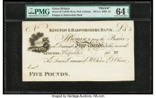 Great Britain Kingston & Radnorshire 5 Pounds ND (ca. 1820) Pick UNL Proof PMG Choice Uncirculated 64 Net. This example has been previously mounted.

...