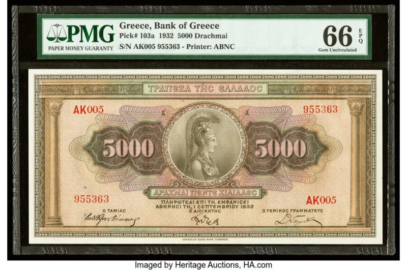 Greece Bank of Greece 5000 Drachmai 1932 Pick 103a PMG Gem Uncirculated 66 EPQ. ...
