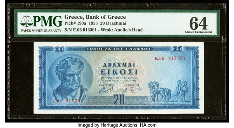 Greece Bank of Greece 20 Drachmai 1.1955 Pick 190a PMG Choice Uncirculated 64. 
...