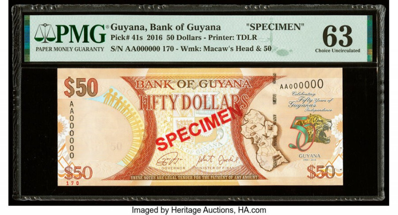 Guyana Bank of Guyana 50 Dollars 2016 Pick 41s Specimen PMG Choice Uncirculated ...