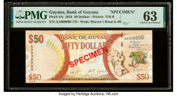 Guyana Bank of Guyana 50 Dollars 2016 Pick 41s Specimen PMG Choice Uncirculated 63. Red Specimen overprints and pinholes are present.

HID09801242017
...