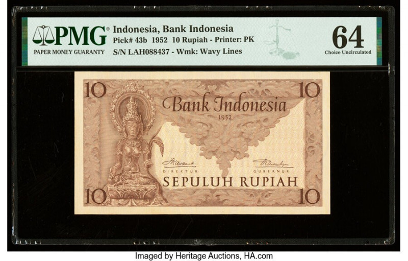 Indonesia Bank Indonesia 10 Rupiah 1952 Pick 43b PMG Choice Uncirculated 64. 

H...