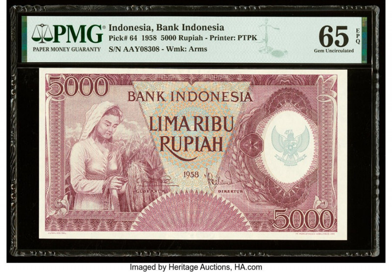 Indonesia Bank Indonesia 5000 Rupiah 1958 Pick 64 PMG Gem Uncirculated 65 EPQ. 
...