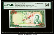 Iran Bank Melli 50 Rials ND (1953) / SH1332 Pick 61s Specimen PMG Choice Uncirculated 64. Red Specimen & TDLR overprints are present on this example.
...