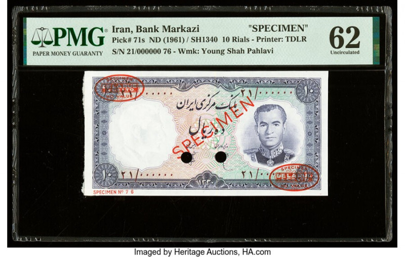 Iran Bank Markazi 10 Rials ND (1961) / SH1340 Pick 71s Specimen PMG Uncirculated...