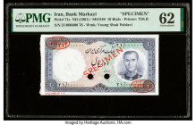 Iran Bank Markazi 10 Rials ND (1961) / SH1340 Pick 71s Specimen PMG Uncirculated 62. Previous mounting, red Specimen & TDLR overprints and two POCs ar...