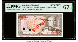 Iran Bank Markazi 20 Rials ND (1974-79) Pick 100cs Specimen PMG Superb Gem Unc 67 EPQ. Red Specimen & TDLR overprints and two POCs are present on this...