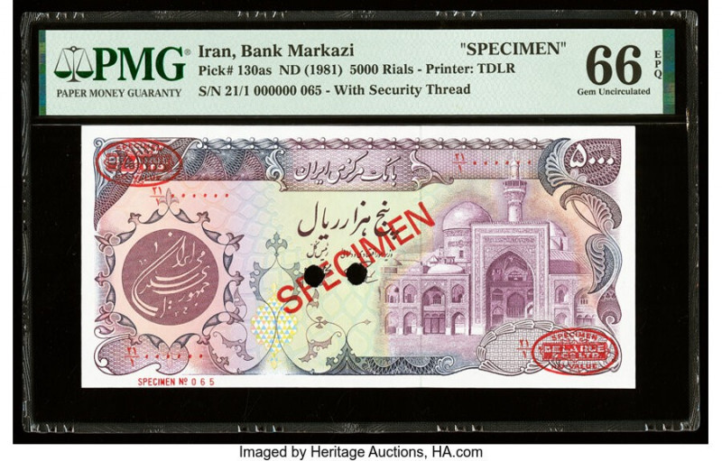 Iran Bank Markazi 5000 Rials ND (1981) Pick 130as Specimen PMG Gem Uncirculated ...