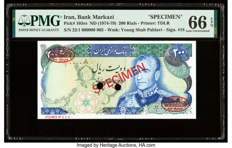 Iran Bank Markazi 200 Rials ND (1974-79) Pick 103es Specimen PMG Gem Uncirculate...