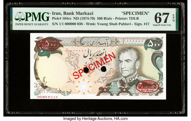 Iran Bank Markazi 500 Rials ND (1974-79) Pick 104cs Specimen PMG Superb Gem Unc ...
