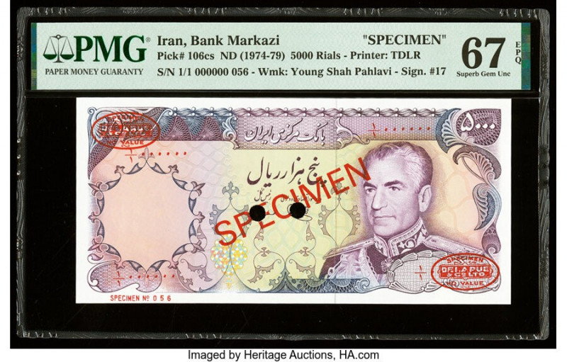 Iran Bank Markazi 5000 Rials ND (1974-79) Pick 106cs Specimen PMG Superb Gem Unc...