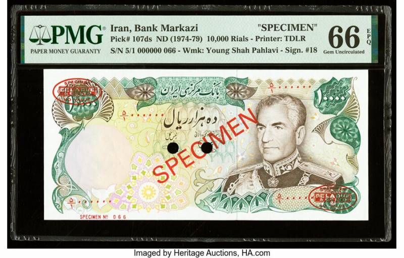 Iran Bank Markazi 10,000 Rials ND (1974-79) Pick 107ds Specimen PMG Gem Uncircul...