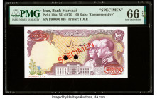Iran Bank Markazi 100 Rials ND (1976) Pick 108s Specimen PMG Gem Uncirculated 66 EPQ. Red Specimen & TDLR overprints and two POCs are present on this ...