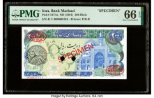 Iran Bank Markazi 200 Rials ND (1981) Pick 127As Specimen PMG Gem Uncirculated 66 EPQ. Red Specimen & TDLR overprints and two POCs are present on this...