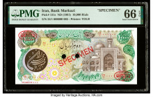 Iran Bank Markazi 10,000 Rials ND (1981) Pick 131s Specimen PMG Gem Uncirculated 66 EPQ. Red Specimen & TDLR overprints and two POCs are present on th...