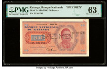 Katanga Banque Nationale du Katanga 50 Francs ND (1960) Pick 7s Specimen PMG Choice Uncirculated 63. A roulette Specimen punch and a small annotation ...