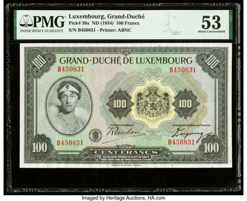 Luxembourg Grand Duche de Luxembourg 100 Francs ND (1934) Pick 39a PMG About Unc...