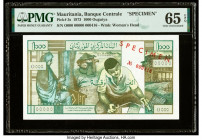 Mauritania Banque Centrale de Mauritanie 1000 Ouguiya 20.6.1973 Pick 3s Specimen PMG Gem Uncirculated 65 EPQ. Red Specimen overprint is present.

HID0...