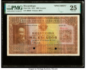 Mozambique Banco Nacional Ultramarino 1000 Escudos 27.3.1941 Pick 88s Specimen PMG Very Fine 25. A red Specimen overprint and two POCs are present on ...