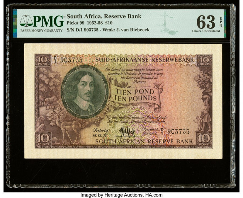 South Africa South African Reserve Bank 10 Pounds 18.12.1952 Pick 99 PMG Choice ...