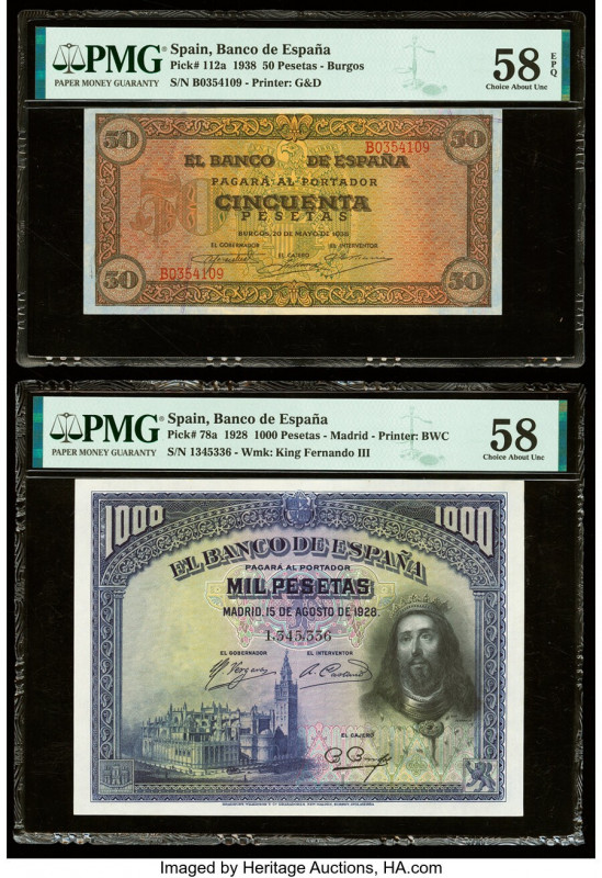 Spain Banco de Espana 50; 1000 Pesetas 20.5.1938; 15.8.1928 Pick 112a; 78a; Two ...