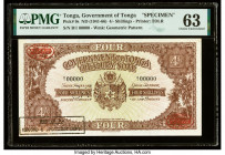 Tonga Government of Tonga 4 Shillings ND (1941-66) Pick 9s Specimen PMG Choice Uncirculated 63. Red Specimen overprints and a roulette cancelled punch...