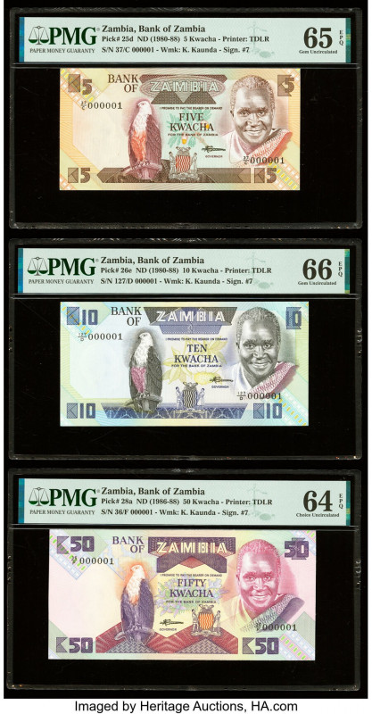 Low Serial Number 1 (3) Zambia Bank of Zambia 5; 10; 50 Kwacha ND (1980-88) Pick...