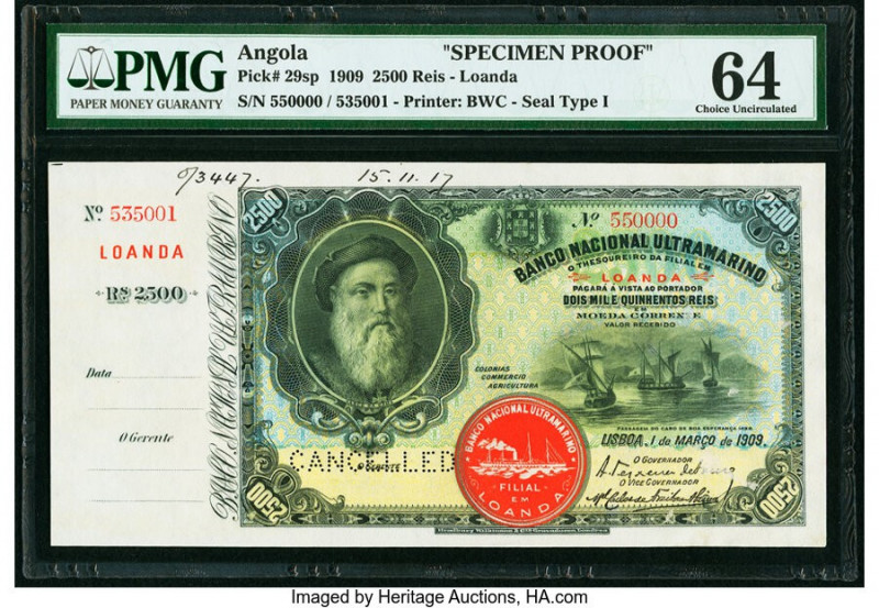 Angola Banco Nacional Ultramarino 2500 Reis 1.3.1909 Pick 29sp Specimen Proof PM...