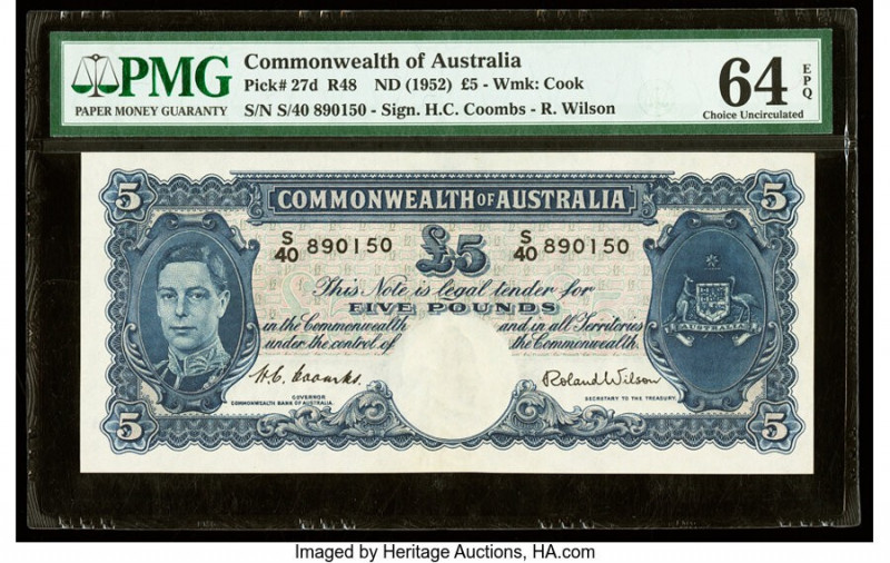 Australia Commonwealth Bank of Australia 5 Pounds ND (1952) Pick 27d R48 PMG Cho...