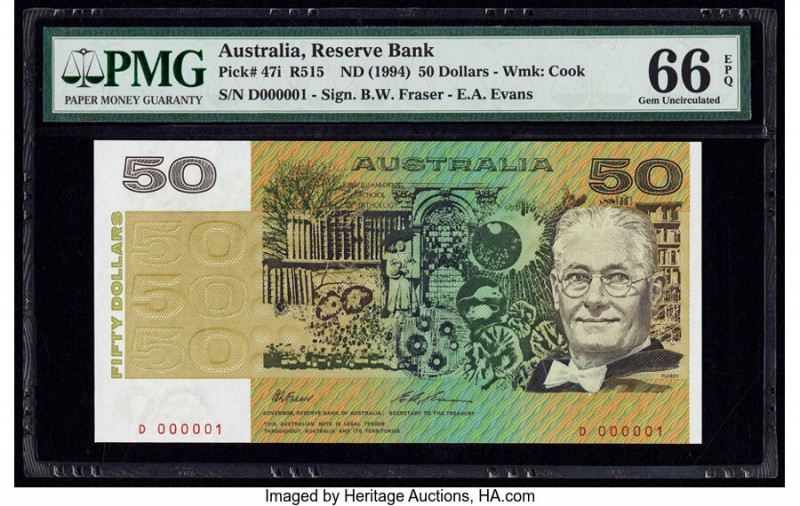 Serial Number 1 Australia Australia Reserve Bank 50 Dollars ND (1994) Pick 47i R...