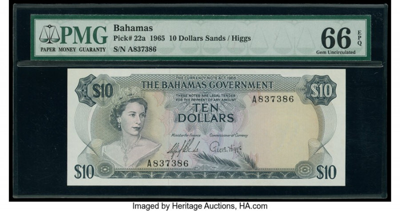 Bahamas Bahamas Government 10 Dollars 1965 Pick 22a PMG Gem Uncirculated 66 EPQ....